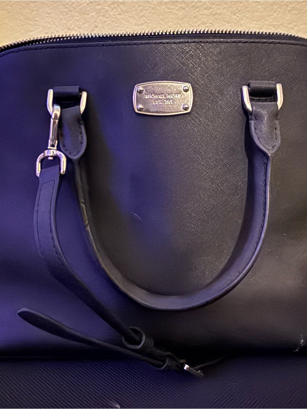Michael Kors Cindy Black Leather Tote with Silver Plaque